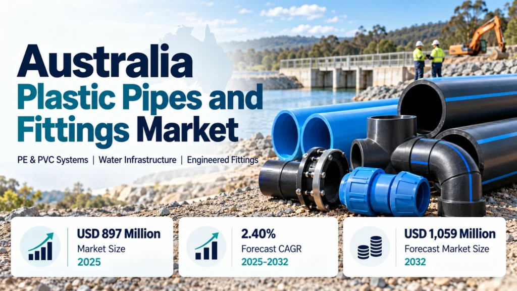 Australia Plastic Pipes and Fittings Market infographic showing PE and PVC systems, market size and forecast growth.