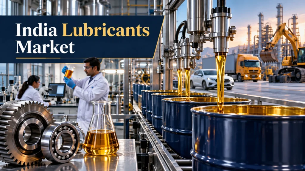 India Lubricants Market featured image showing lubricant blending, quality testing, and industrial applications.