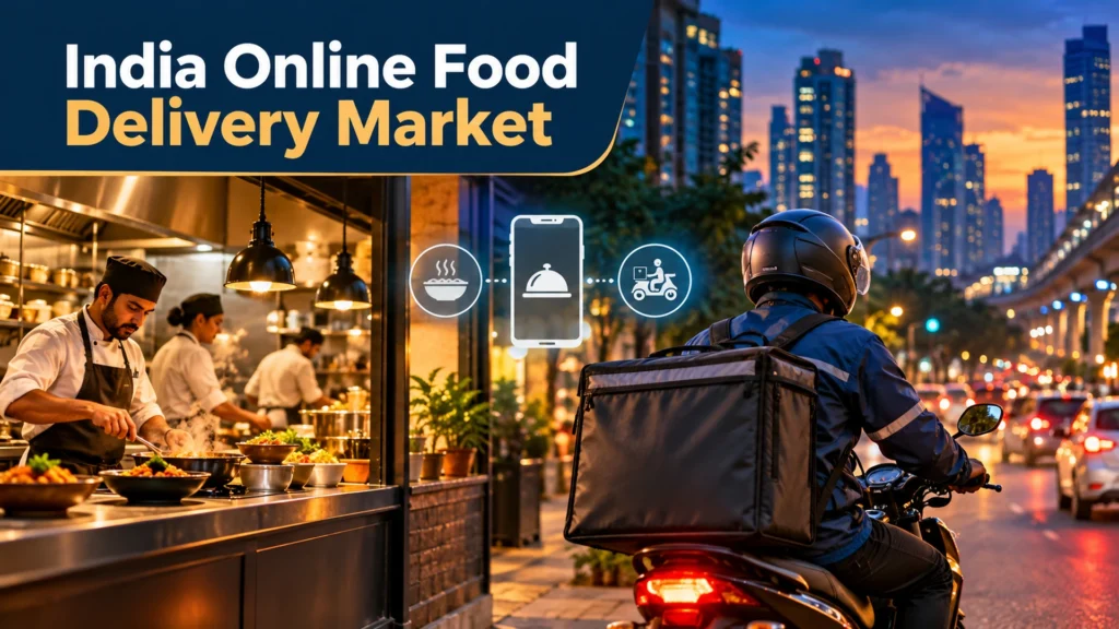 India Online Food Delivery Market featured image showing restaurant preparation and last-mile delivery in an Indian city.
