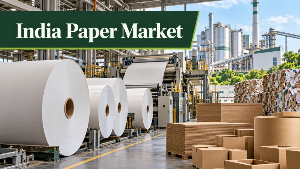 India Paper Market featured image showing paper rolls, packaging board, and recycled fibre processing at a modern paper mill.