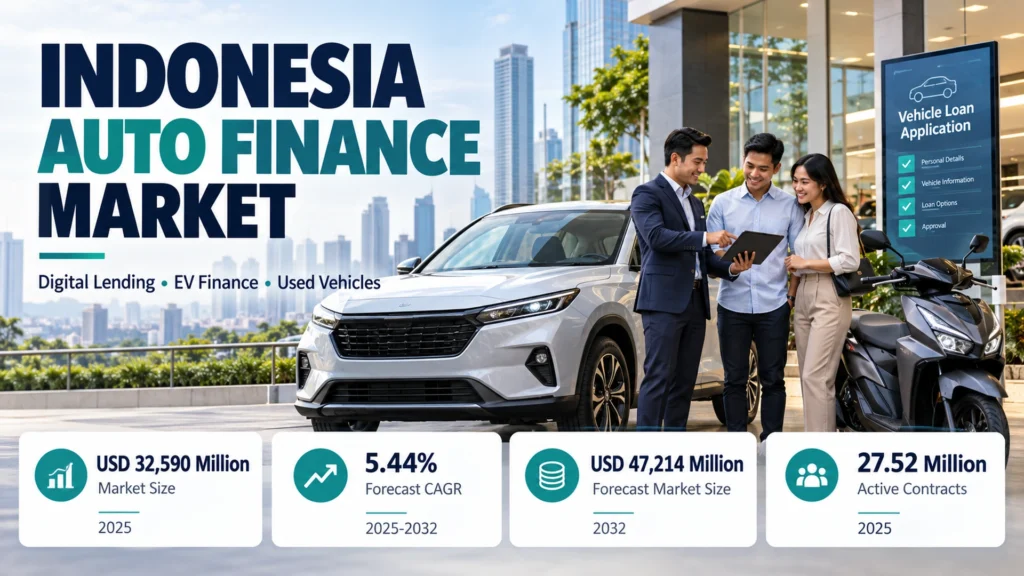 Indonesia Auto Finance Market outlook showing vehicle financing, USD 32,590 million market size in 2025 and 5.44% forecast CAGR to 2032.
