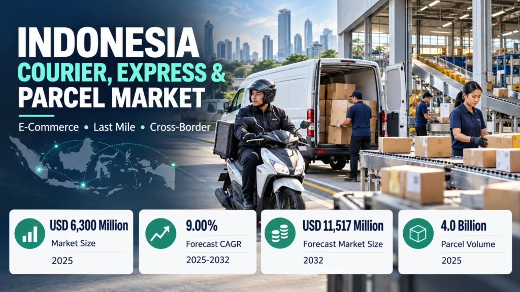 Indonesia Courier, Express & Parcel Market featured image showing parcel delivery operations and key 2025-2032 market statistics.